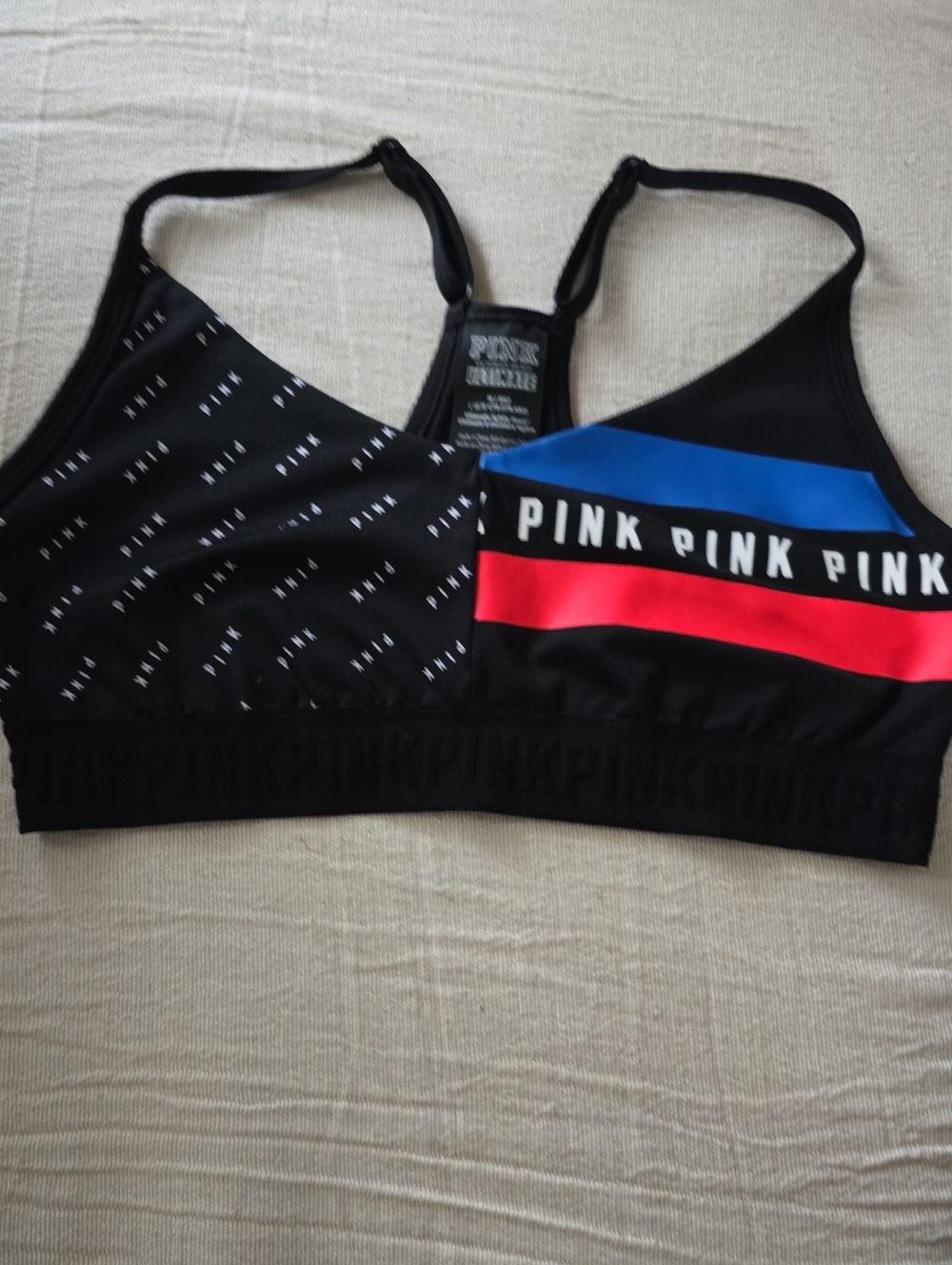 PINK Victoria's Secret Black Sports Bra with Blue & Red Panels